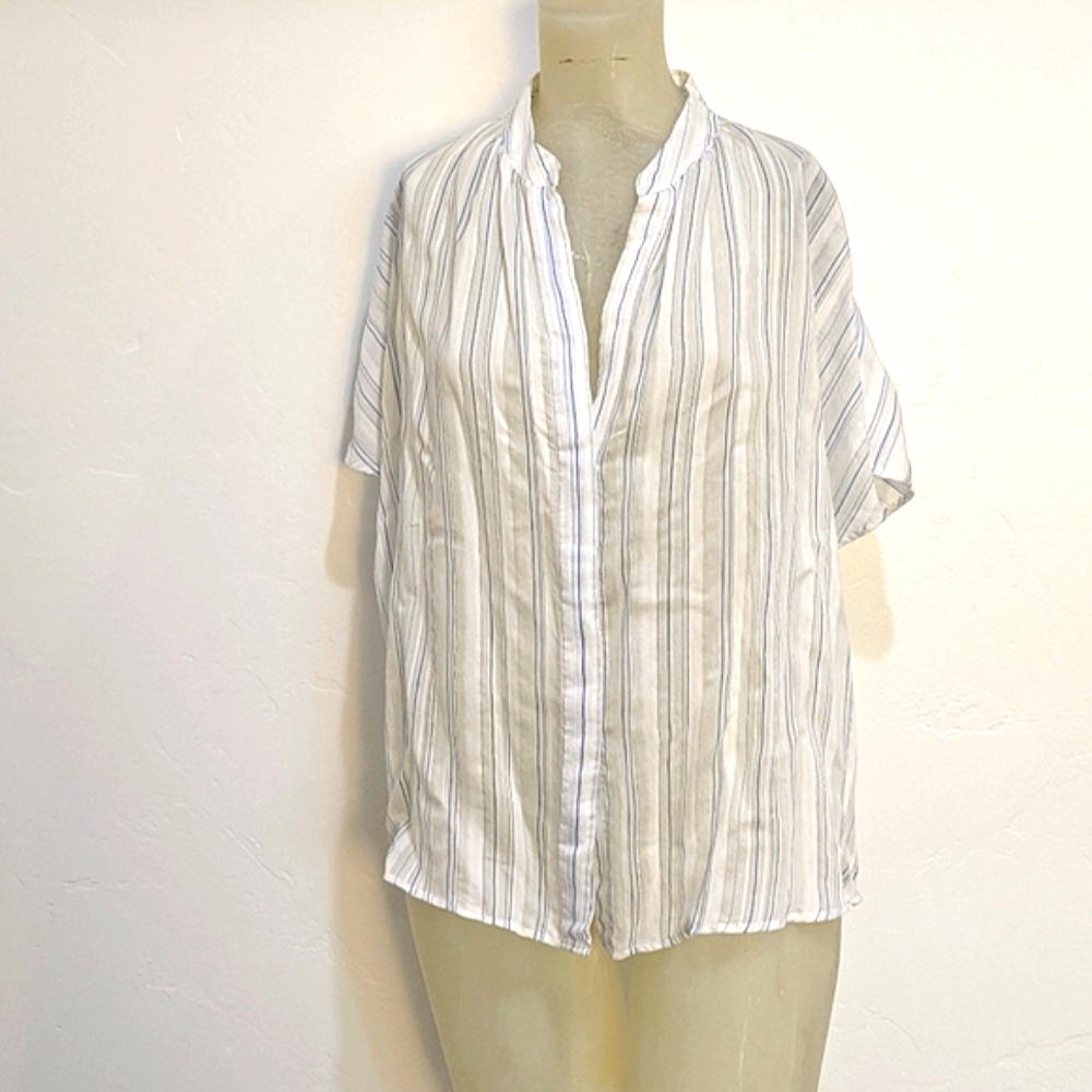 Vince White and Light Blue Vertical Stripe Button-Down Blouse